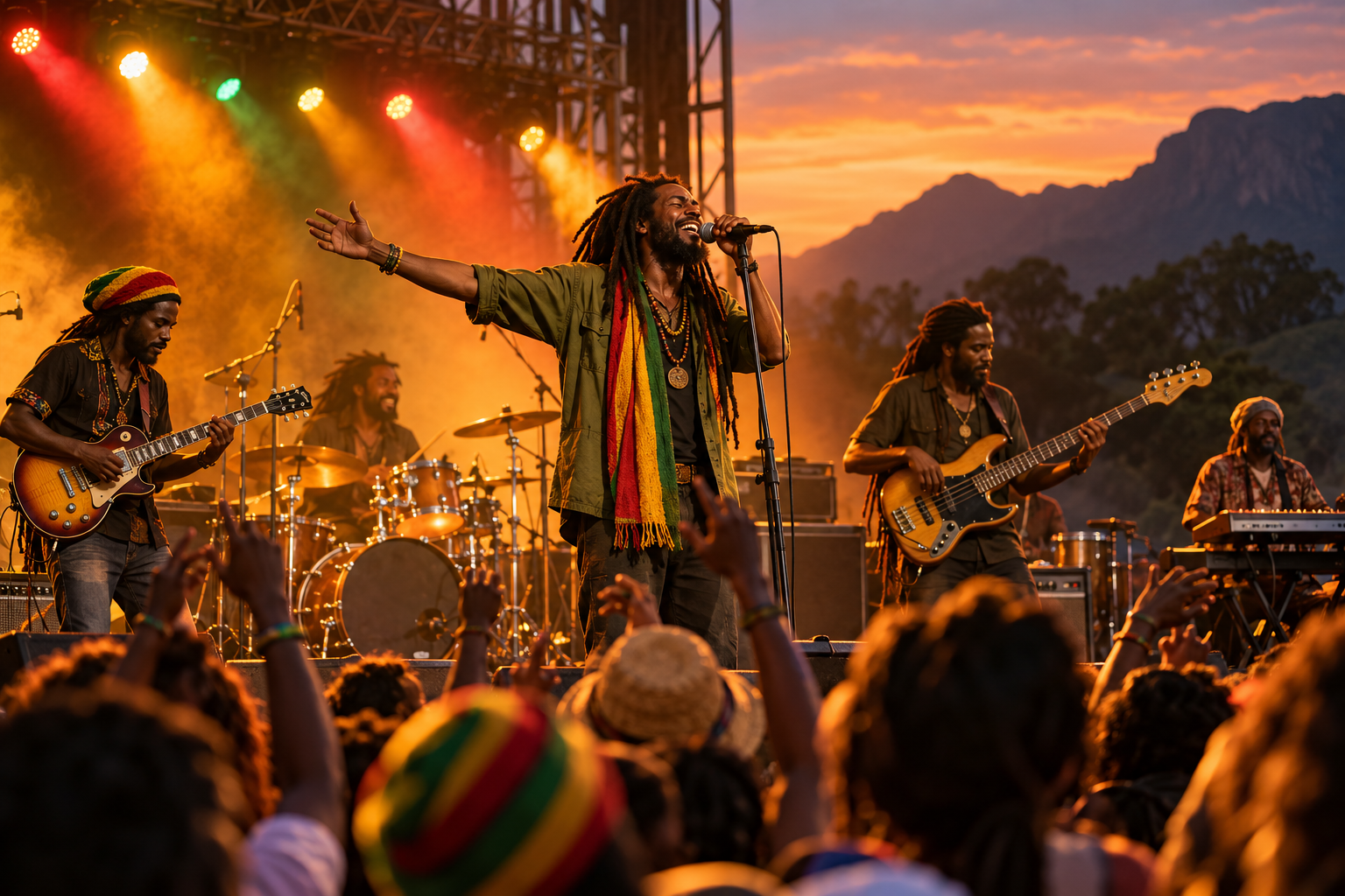 Illustration of a reggae singer and live band performing on an outdoor stage in warm orange light